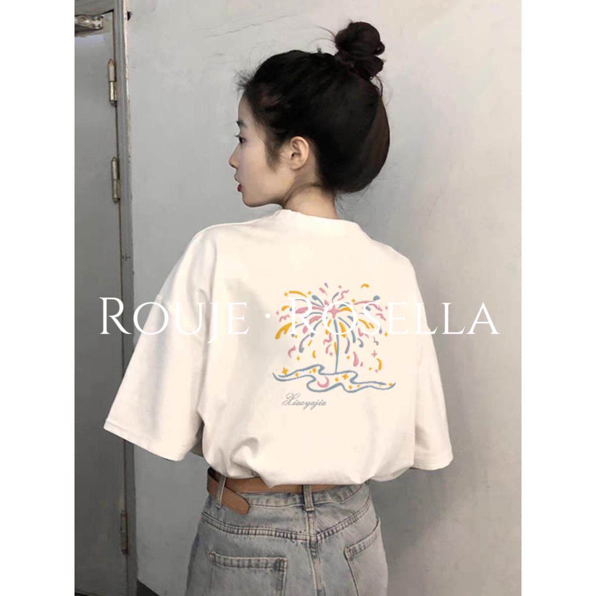 法国Rouje Rosella小众高颜⭐白色复古烟花印花短袖t恤女夏季新款