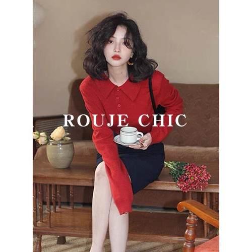 法国rouje chic复古风红色polo领毛衣女高级感修身秋冬打底针织衫