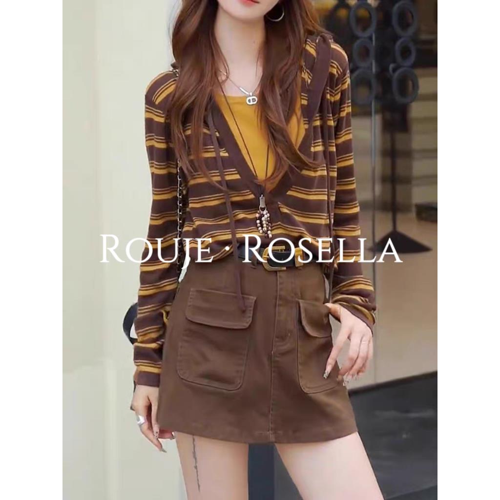 法国Rouje Rosella⭐覆古条纹撞色连帽针织衫女秋季假两件上衣潮
