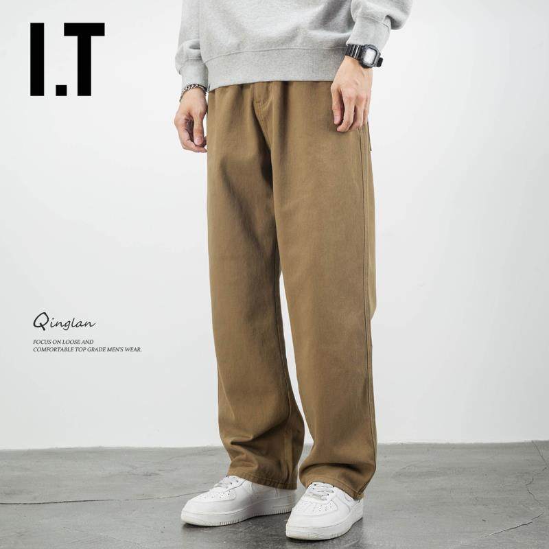 香港潮牌卡其色纯棉休闲裤男直筒宽松潮流大码垂感日系秋冬长裤男