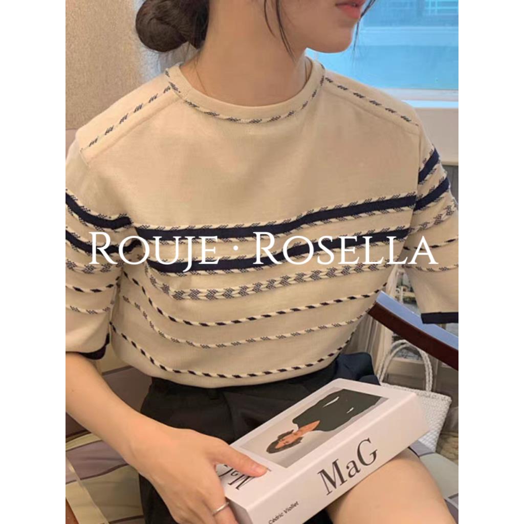 法国Rouje Rosella⭐时尚覆古风撞色条纹圆领针织短袖T恤女早秋款