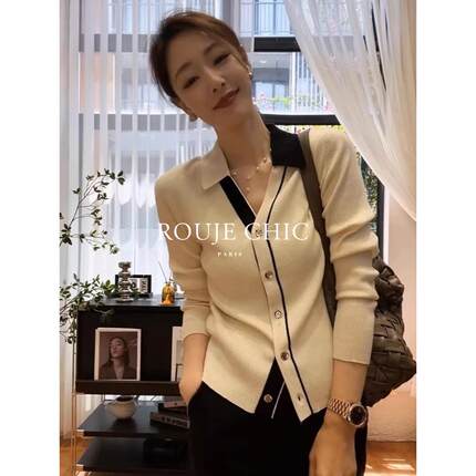 法国rouje chic2025年秋季法式撞色长袖Polo领针织开衫女显瘦毛衣