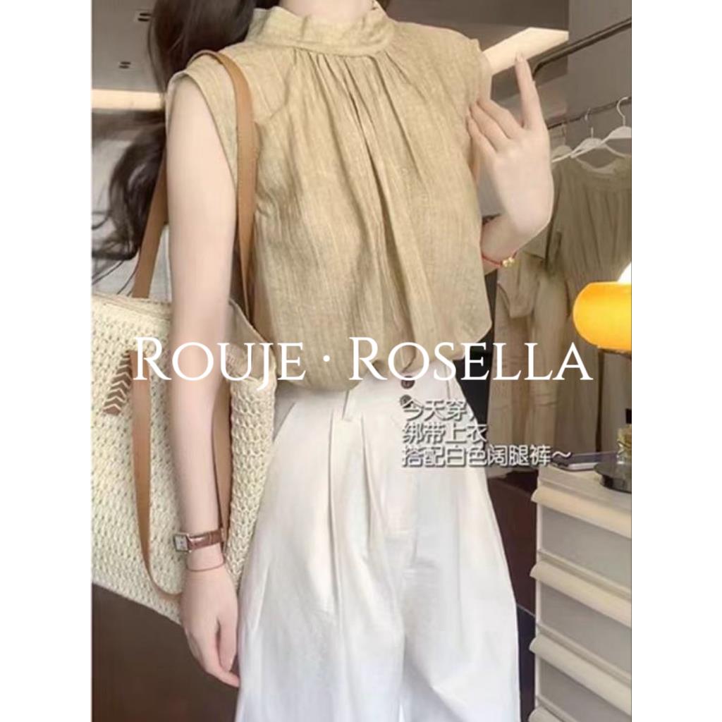 法国Rouje Rosella⭐法式扎染蝴蝶结系带立领无袖衬衫女气质小衫