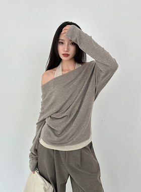 爱姐ELSISSI纯欲撞色假两件一字肩荡领针织衫女十三行女装慵懒风