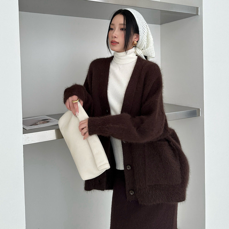 ELSISSI咖色粗兔毛针织衫女开衫2025秋冬毛衣慵懒风上衣毛毛外套