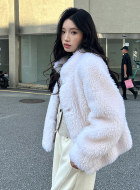 ELSISSI皮毛一体羊绒皮草大衣2025冬季新款短款小个子毛毛外套女