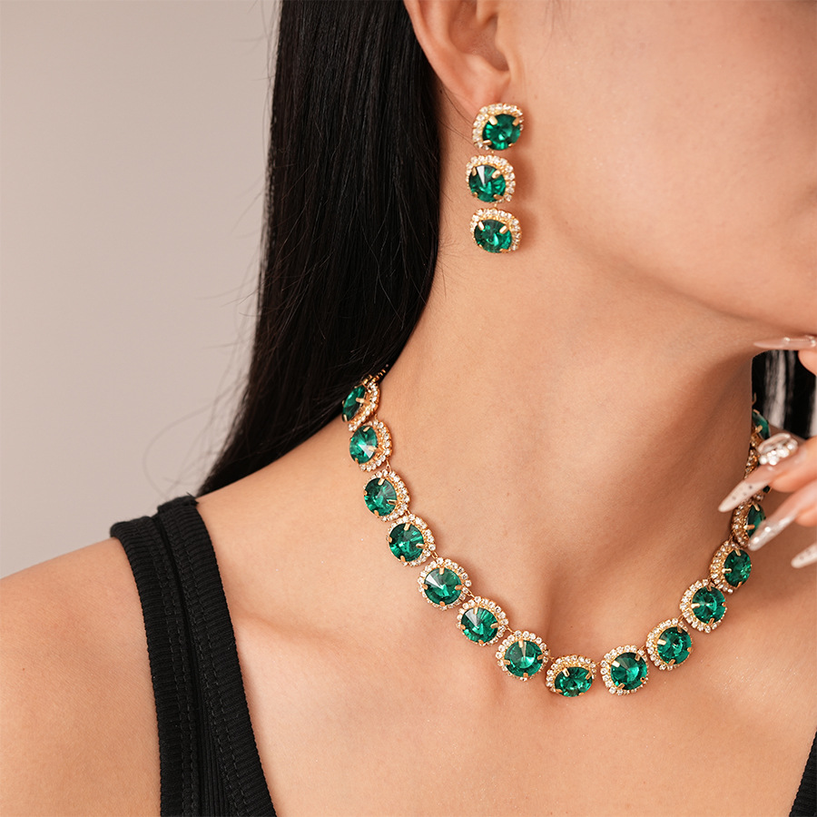 2件套轻奢镶钻方形圆形耳钉项链