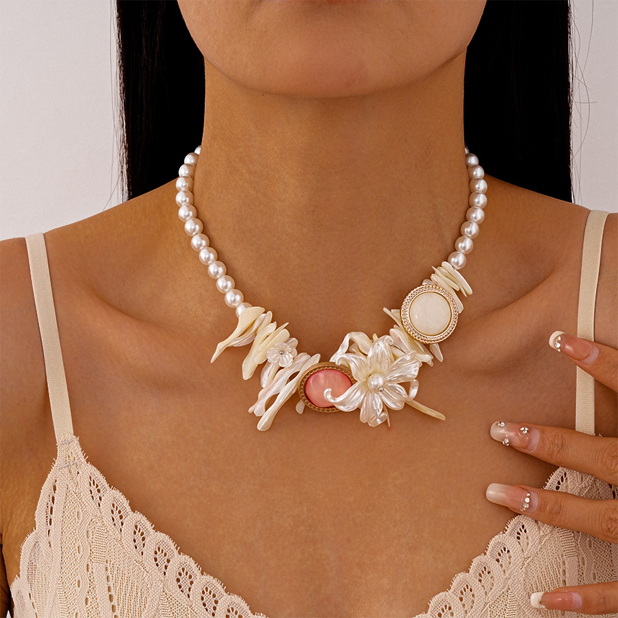 度假风树脂仿贝几何花朵锁骨项链