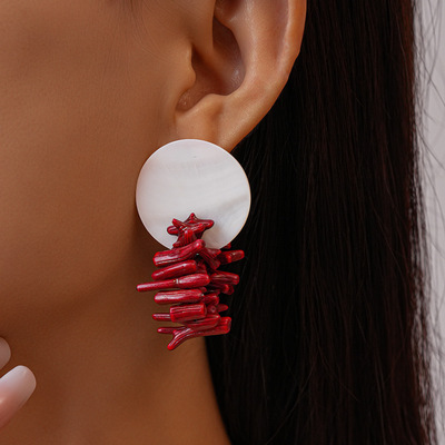 欧美树脂贝壳不规则圆形银针耳环