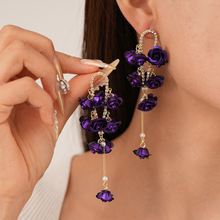 Flower long tassel earrings 欧美镶钻喷漆花朵长款流苏银针耳环