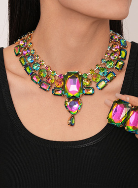 欧美夸张镶钻爱心方形几何项链女