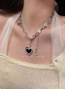 复古黑色马赛克爱心项链女桃心