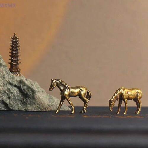 Antique Brass Solid Long Tail Horse Statue Feng Shui