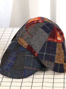 VISON 英伦复古鸭舌帽羊毛拼接块前进帽加棉加厚贝雷帽男女秋冬