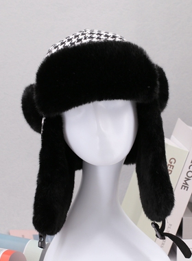 新款雷锋帽千鸟格冬季护耳保暖防寒棉帽东北毛帽子滑雪骑车男女潮