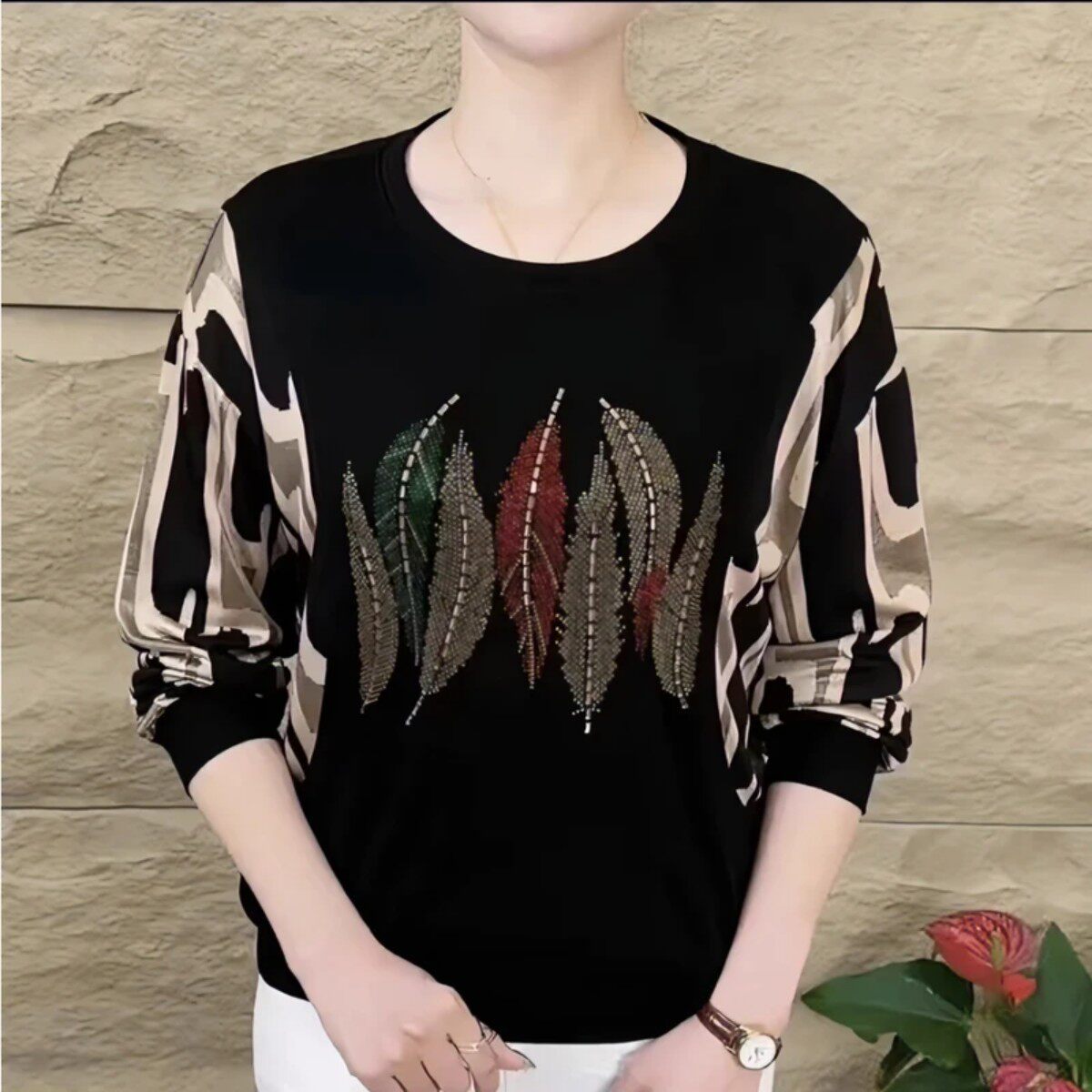 沐沐金选新款时尚洋气印花烫钻T恤宽松大码休闲百搭减龄遮肉上衣