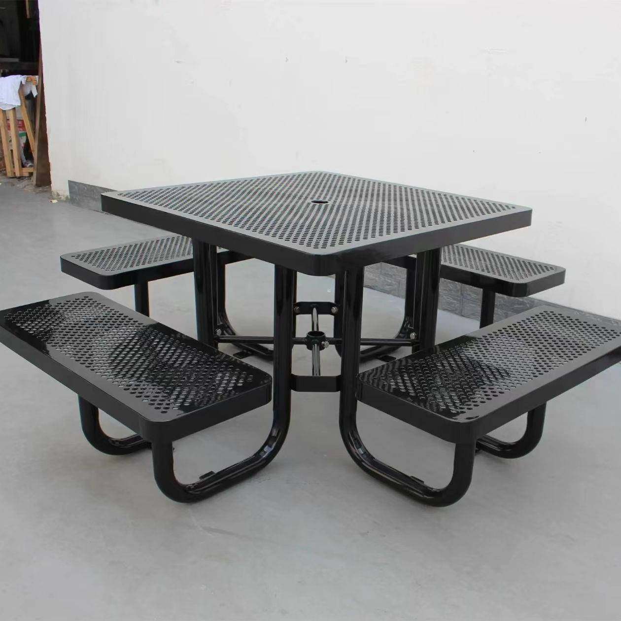 户外桌椅组合公园小区广场一体式桌凳连体金属桌椅成套镂空座面