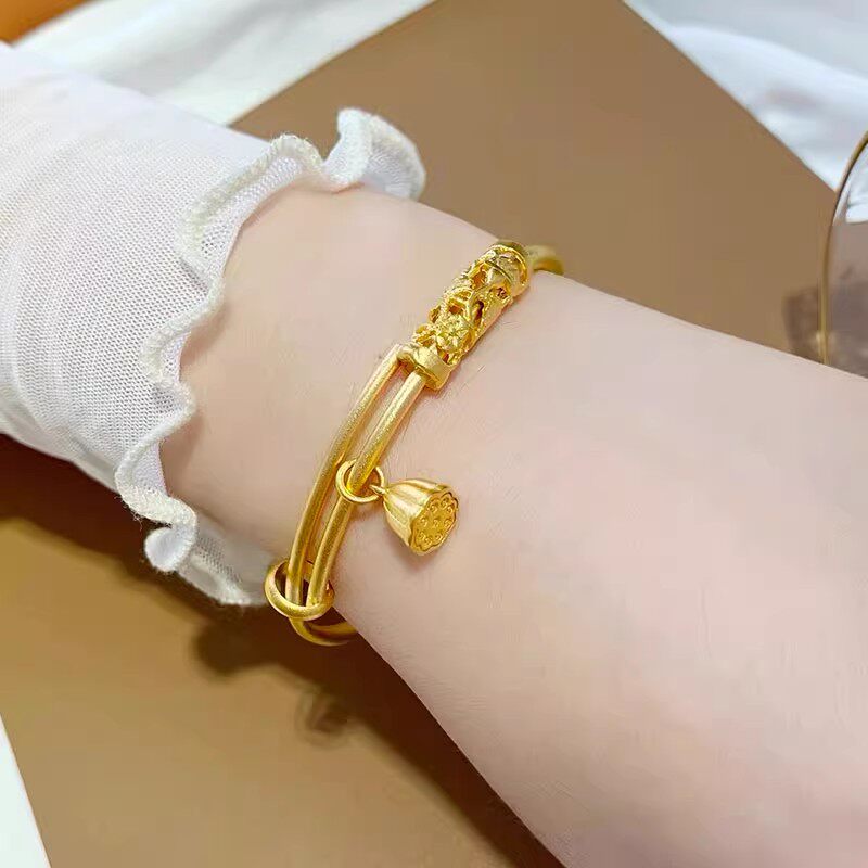999纯金色手环首饰越南沙金古法传承手镯女莲蓬吊坠仿黄金色镯子