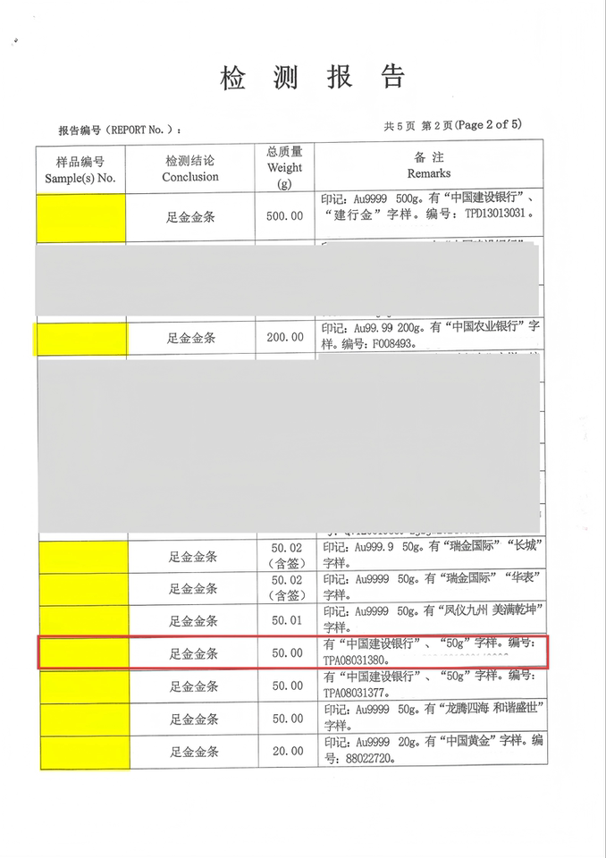 5、中国建设银行龙鼎金足金金条1件（重约50g）