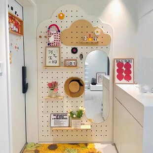 实木洞洞板定制玄关墙面置物架入户隔板收纳架墙上挂板隐形穿衣镜