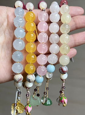 香积手串杭州秋款新款天然金丝玉手链彩色多宝水晶寿山石荷叶礼物