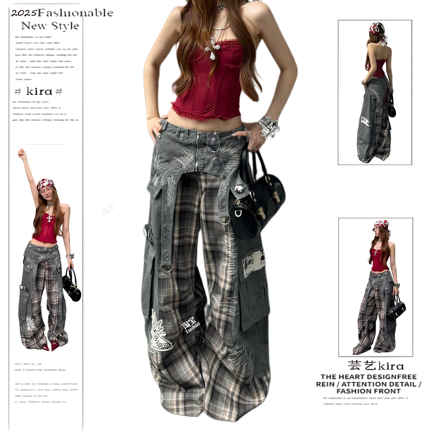 可拆卸腰封牛仔裤乱针刺绣工装裤