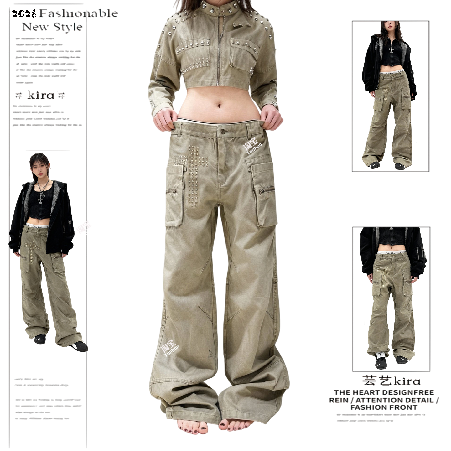 美式复古十字架铆钉工装牛仔裤女男街头辣妹直筒宽松阔腿拖地长裤,女装/女士精品,牛仔裤,淘宝优惠券,粉丝福利购,淘宝优惠卷