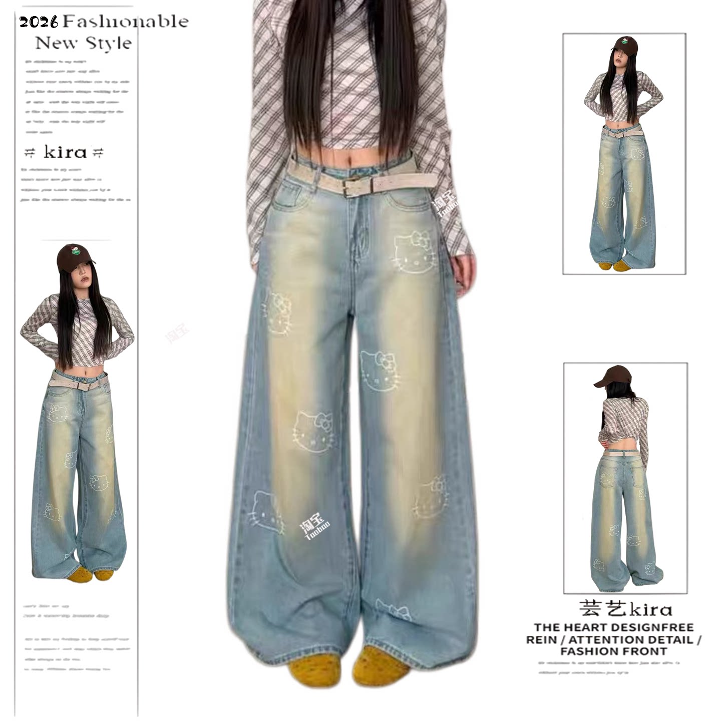 美式复古TK猫卡通印花弯刀牛仔裤女街头辣妹宽松显瘦阔腿拖地长裤
