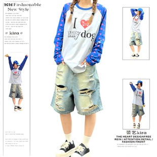宽松休闲清凉五分中裤 美式 新款 女男夏季 复古水洗破洞时髦牛仔短裤