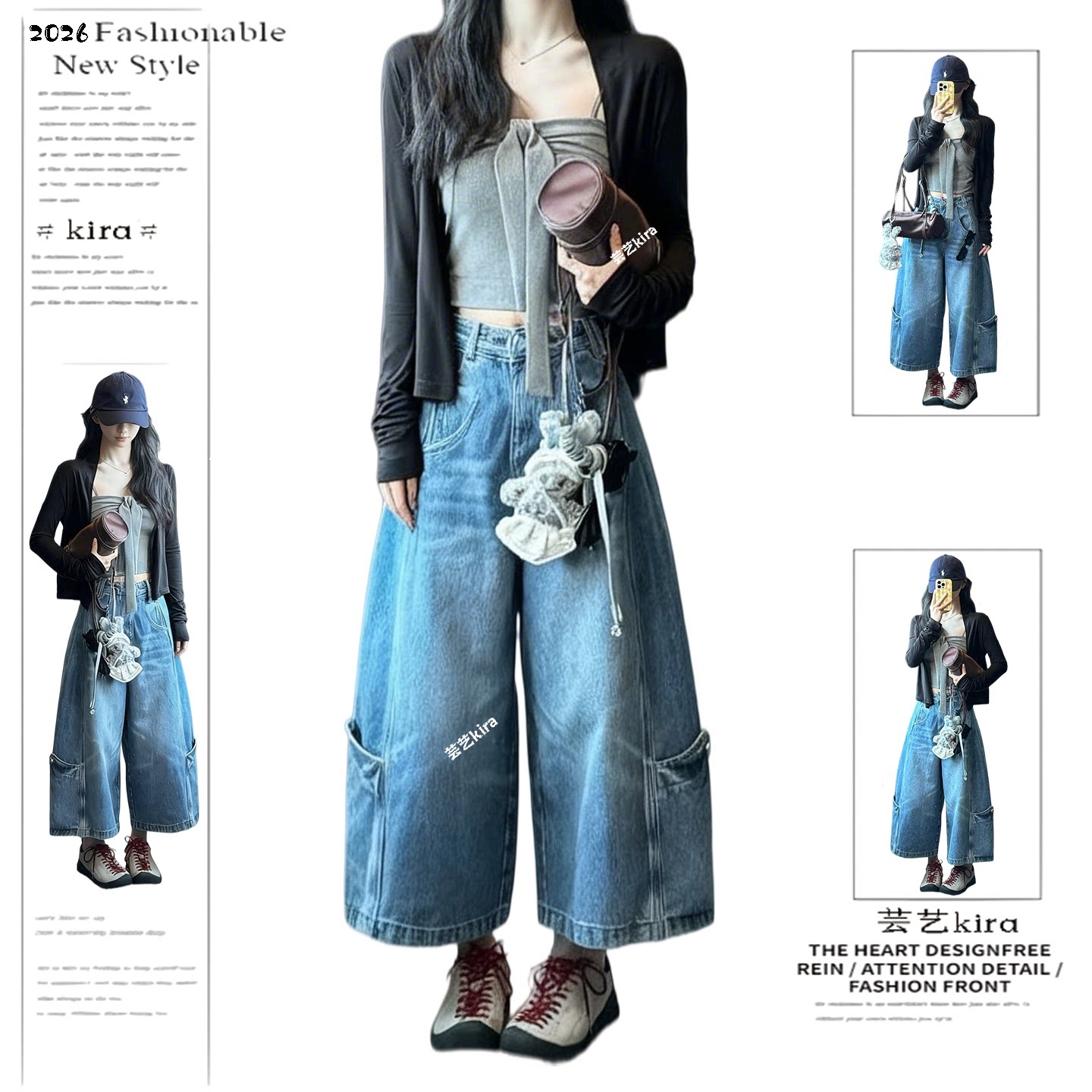 美式vibe水洗大口袋八分牛仔中裤女街头辣妹直筒宽松显瘦阔腿裤潮