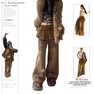 美式复古百褶裙裤假两件牛仔裤女