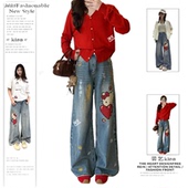 女擦脏设计感宽松显瘦直筒阔腿裤 美式 复古卡通TK猫爱心印花牛仔裤