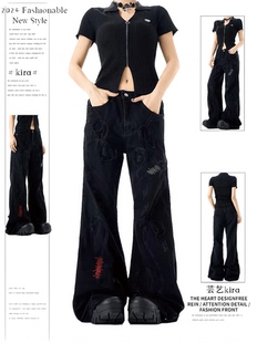 y2k亚文化刺绣拼接微喇牛仔裤女男高街重工宽松阔腿拖地长裤子ins