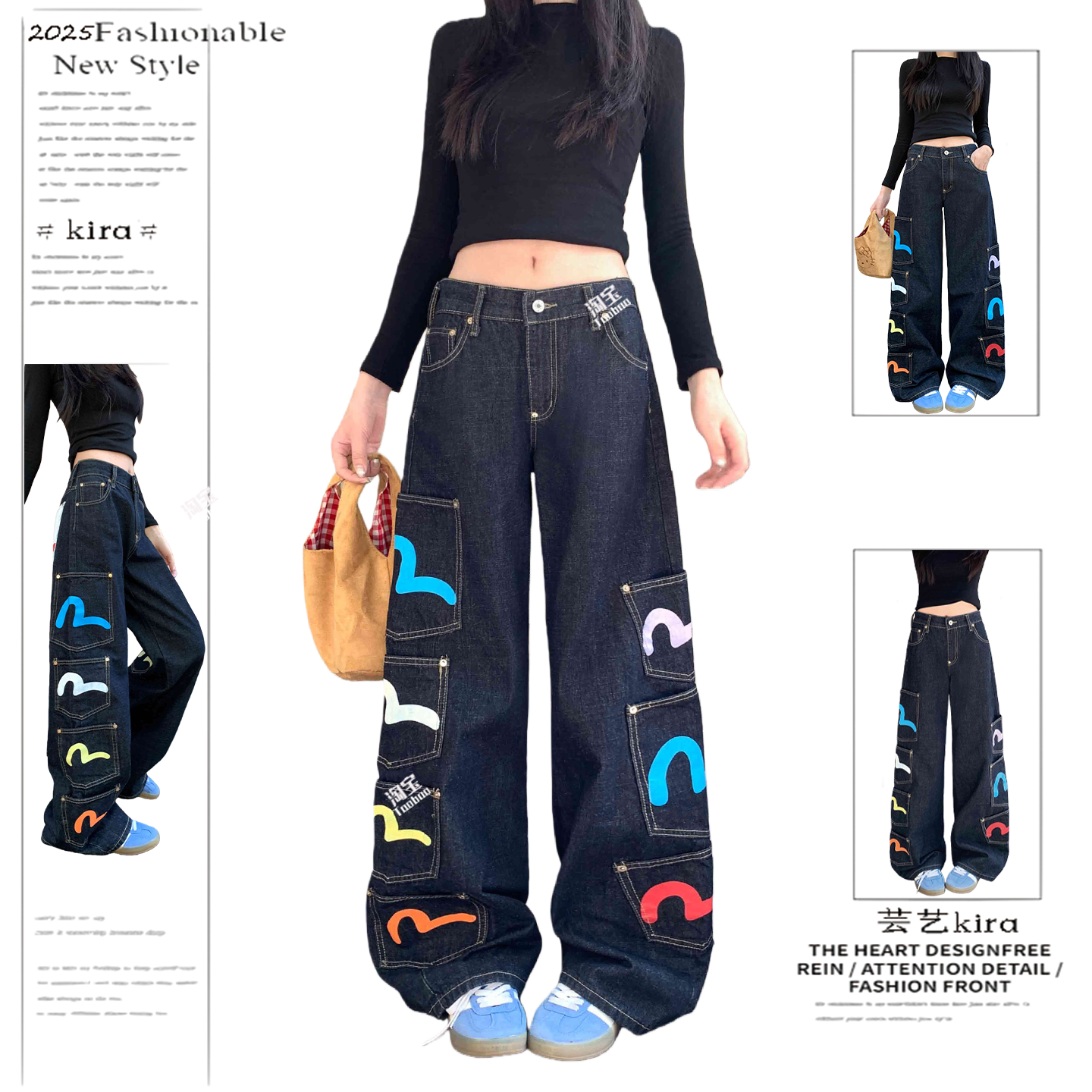 美式复古重工多口袋印花牛仔裤女男高街设计感宽松显瘦直筒阔腿裤,女装/女士精品,牛仔裤,淘宝优惠券,粉丝福利购,淘宝优惠卷