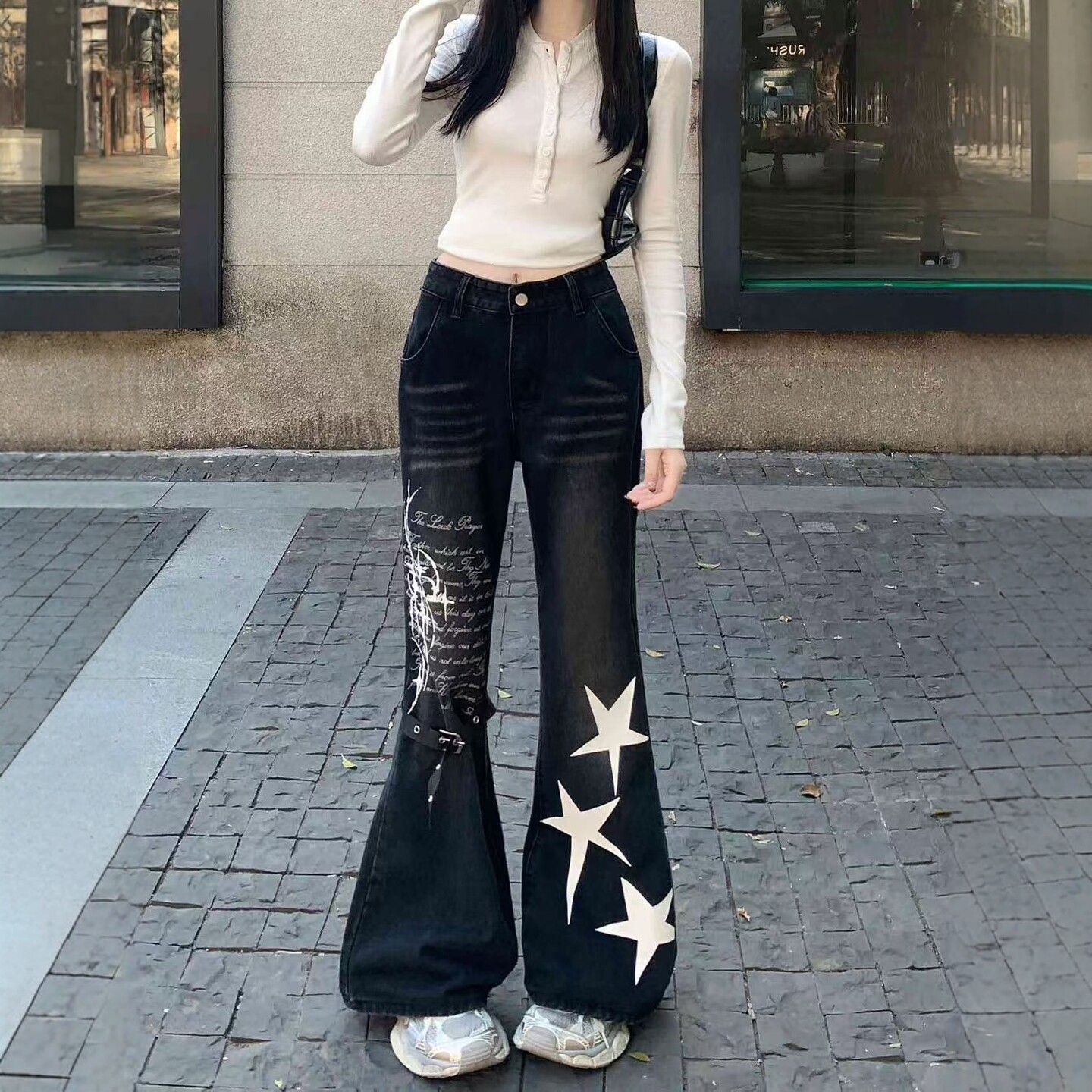美式复古星星印花微喇牛仔裤女春