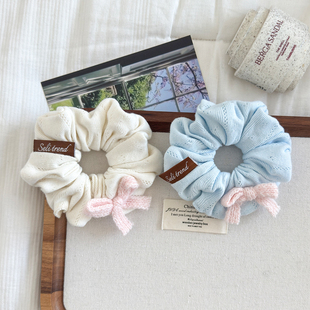 YOOH 奶油色针织面料大肠发圈可爱甜美蝴蝶结手作丸子头发绳发饰