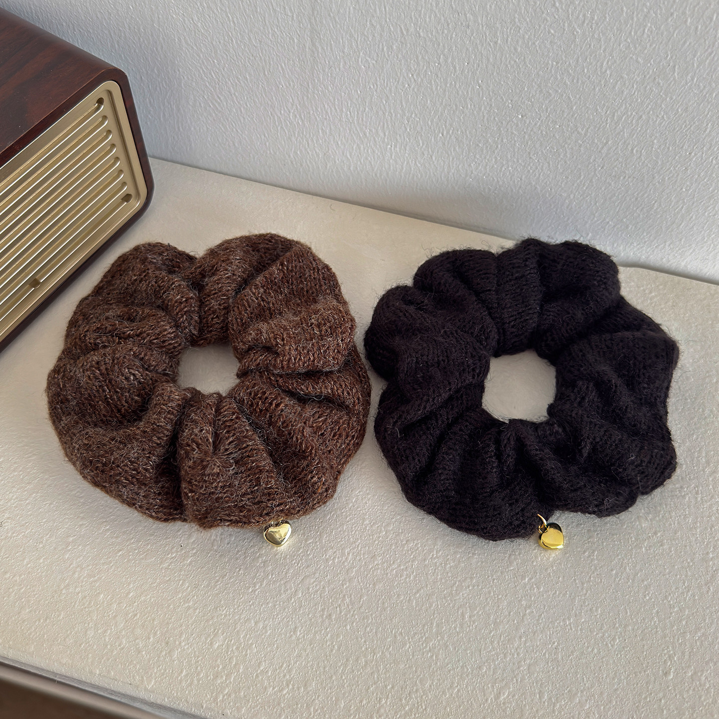 YOOH 美拉德针织大肠发圈女爱心吊坠高级感发绳低马尾扎头绳发饰