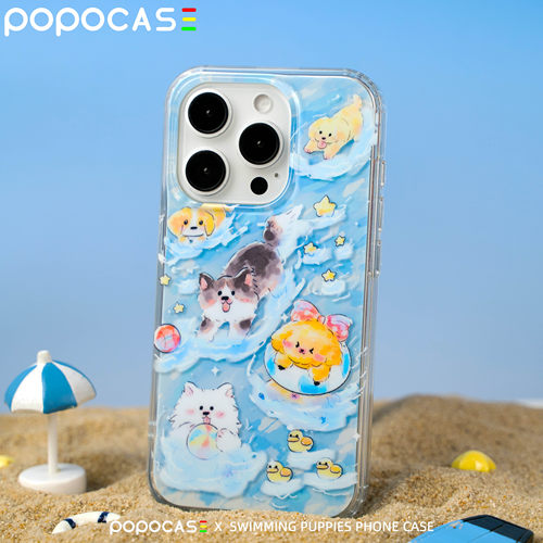 POPOCASE 夏日新品游泳小狗双层带挂绳孔手机壳 原创小众创意设计手机壳镜头加高适用于苹果13/14/15promax