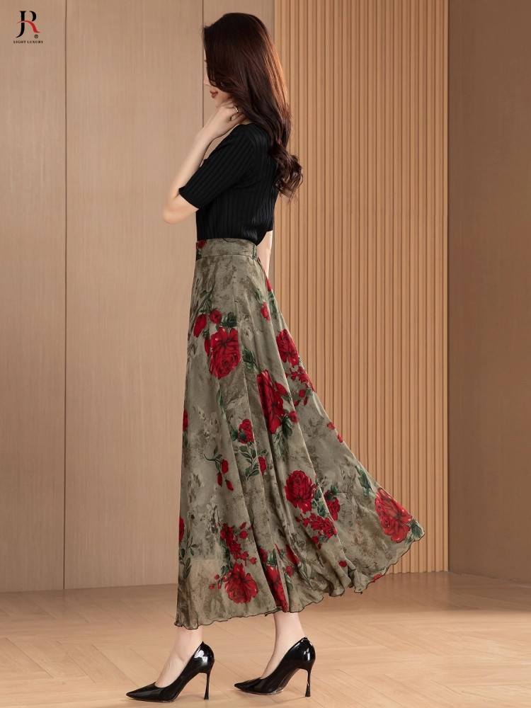 jqrx雪纺半身裙女2025早秋新款国风印花高腰显瘦A字裙长款大摆裙