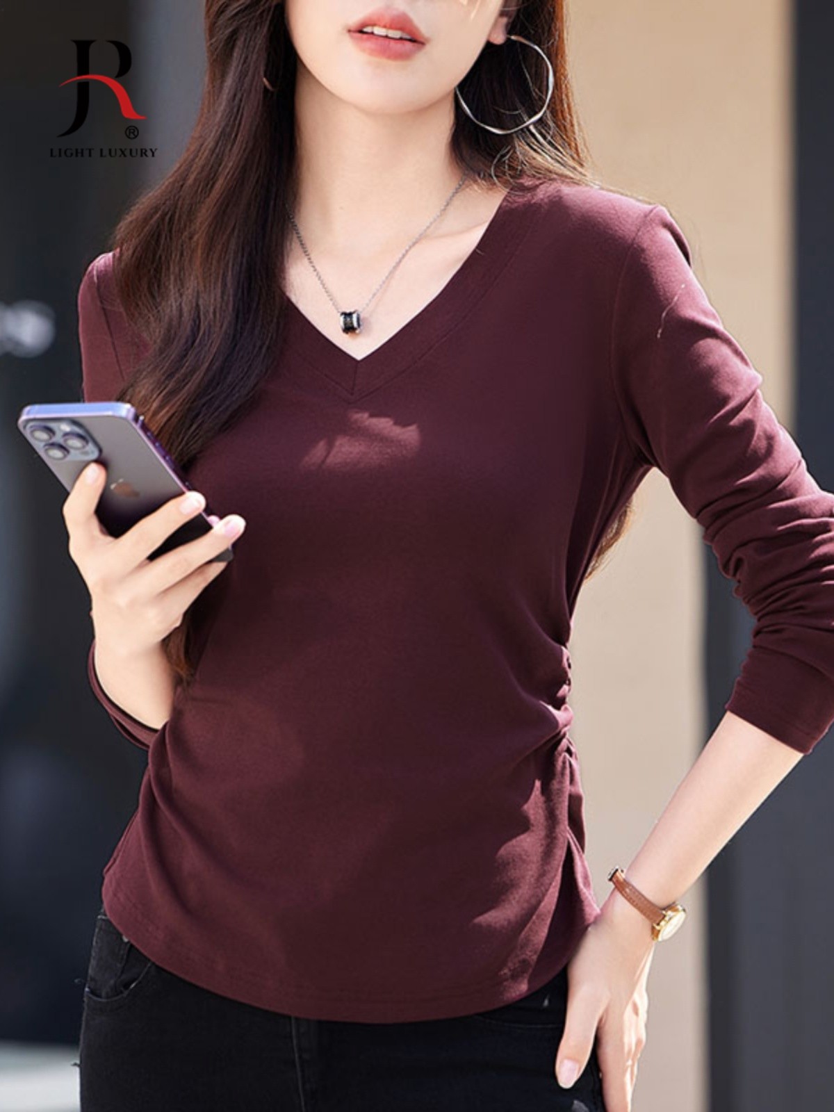 V领女式长袖t恤2025早秋新款Anko红色褶腰修身上衣内底衬衫