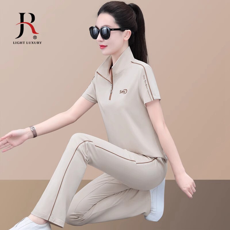 jqrx休闲运动套装女夏新款时尚冰丝薄款短袖大码速干跑步服两件套