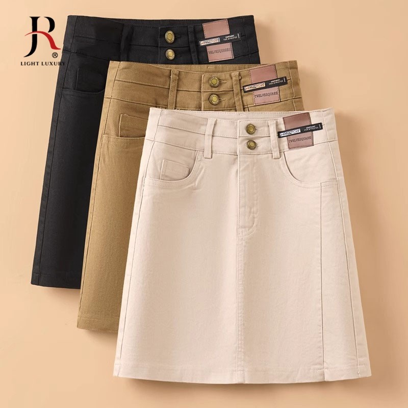 jqrx高腰宽松女士短裙2025新款早春薄款水洗纯棉牛仔a字半身裙