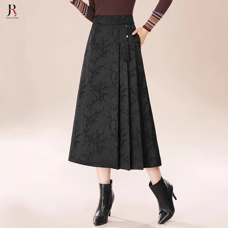 jqrx新中式提花半身裙国风A字裙女2025秋冬新款高腰显瘦百褶裙子