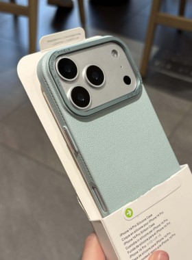 新款高级感薄荷绿荔枝纹理适用苹果17promax手机壳iphone16pro大孔金属镜框15超薄散热14plus防摔13简约12硬