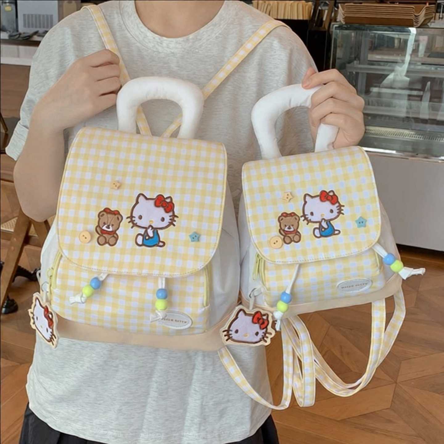 多巴胺格子双肩包儿童女外出少女kt猫书包可爱萌系小猫小背包学生