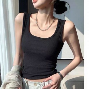 方领宽肩遮副乳黑色吊带带胸垫春夏外穿棉 打底背心女内搭2025新款