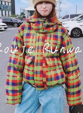 Rouje Runway法式彩色格子羽绒棉服女冬时尚面包服短款棉衣外套