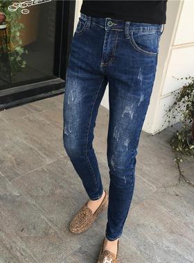 2025秋冬新款蓝色个性猫须潮流修身小脚牛仔裤男休闲百搭弹力长裤