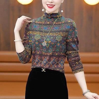 半高领条纹内搭衣女秋冬装新款时尚印花减龄内搭外穿长袖T恤上衣