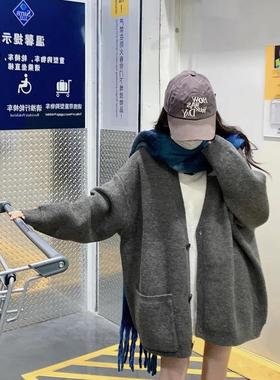 Mere Kore灰色针织开衫毛衣女秋冬宽松慵懒风软糯中长款外套上衣